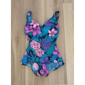80s VTG Maxine of Hollywood 1-PC Swimsuit Floral Sz 12 Adjustable Straps Retro